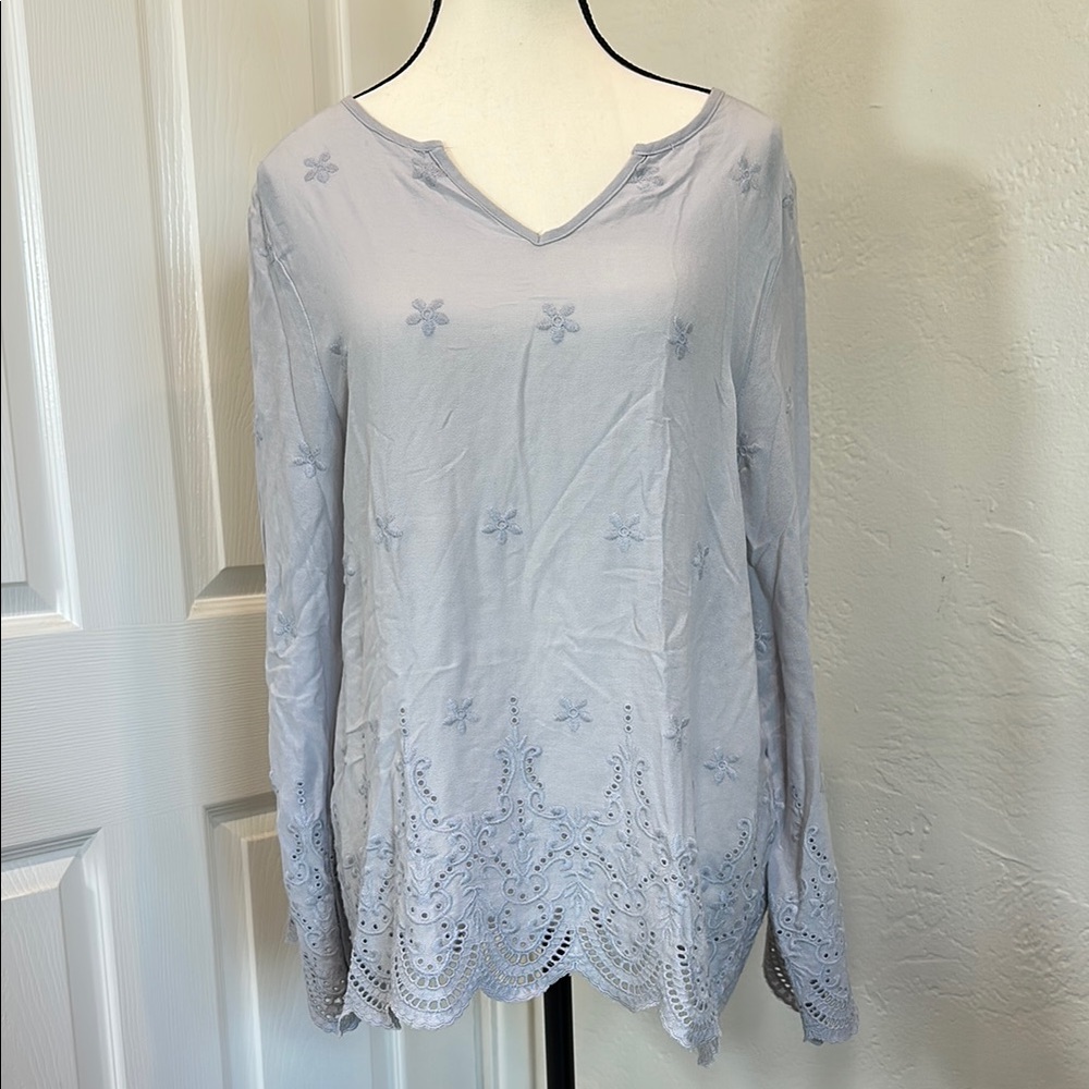 Blue Relaxed V-Neck Embellished Blouse